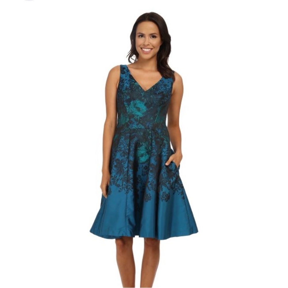 Maggy London Teal and Black Floral Fit-and-Flare Midi Dress